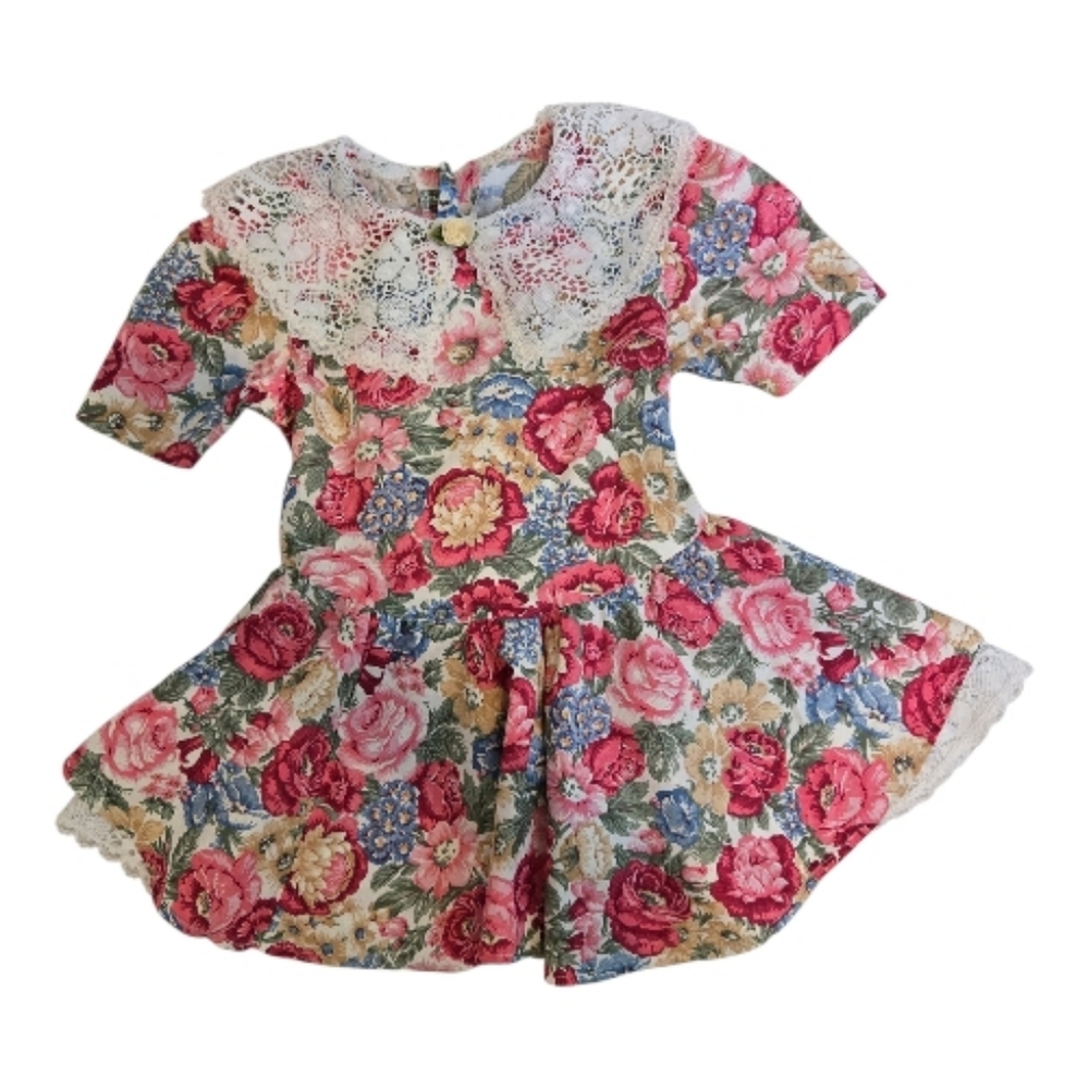 Vintage 1980s Lace Collar Floral Patterned Long Sleeved Dress